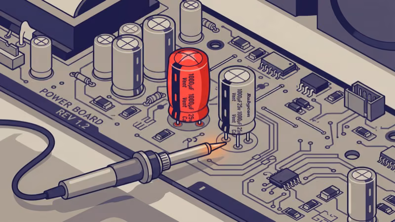 Bulging capacitors on Element TV power supply board before and after replacement
