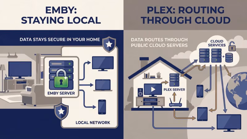 Emby self-hosted server dashboard showing no cloud account or tracking required