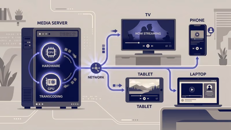 Media server transcoding flow showing 4K HEVC input converting to 1080p stream output