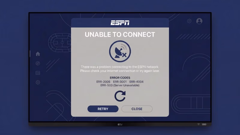 ESPN error codes 0068 and 0074 displayed on Apple TV with troubleshooting steps