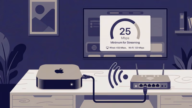Apple TV network setup showing Ethernet connection and router reboot for ESPN streaming