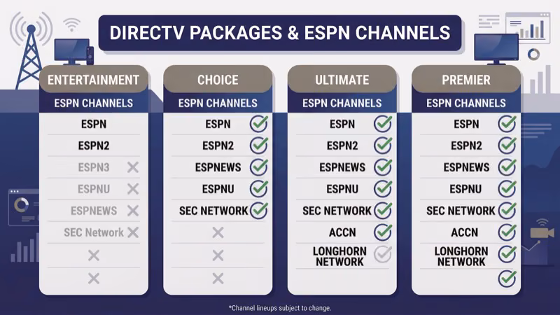 DirecTV satellite packages comparison showing ESPN channel tiers and pricing