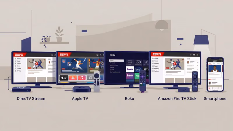 Roku Fire TV Stick and Apple TV devices running ESPN app with live sports