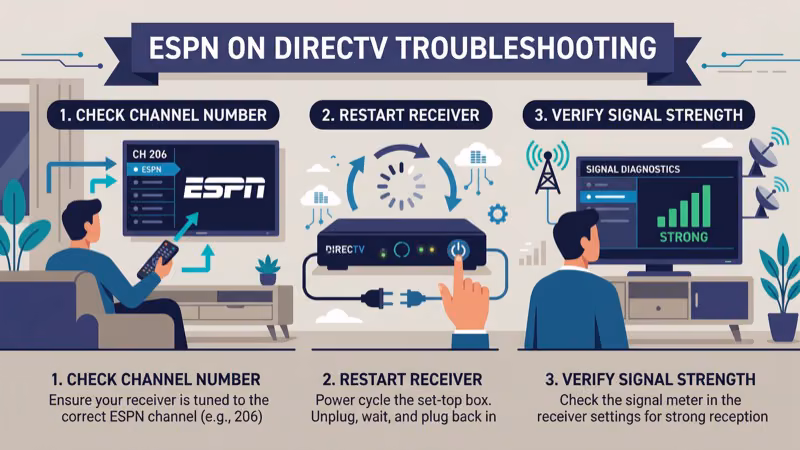 DirecTV receiver reset and refresh service steps for fixing ESPN signal issues