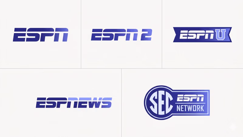 ESPN family of channels logos grid including ESPN ESPN2 ESPNU and ESPNews