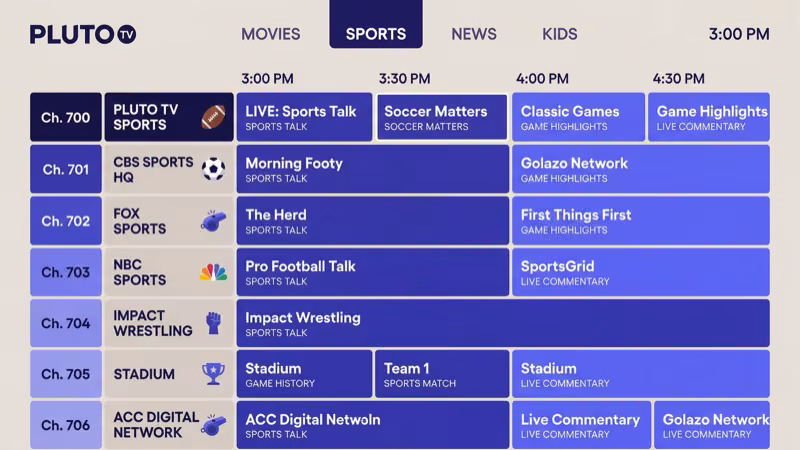 Pluto TV channel guide scrolled to channel 506 showing ESPN sports programming schedule