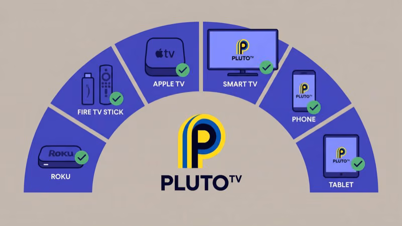 Pluto TV app running on Roku Fire TV Stick Apple TV and Samsung smart TV side by side