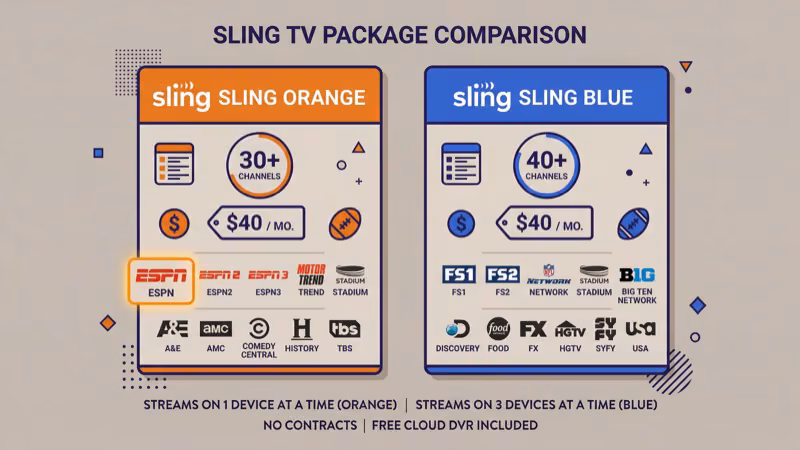 Sling TV Orange and Blue package comparison chart for ESPN sports fans