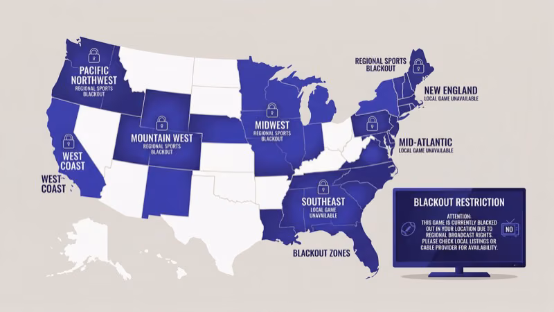 ESPN Plus regional blackout map showing restricted game zones by market area