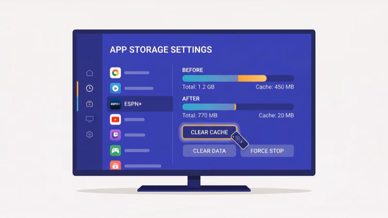 ESPN app cache clearing steps on Roku and Fire TV Stick settings menu