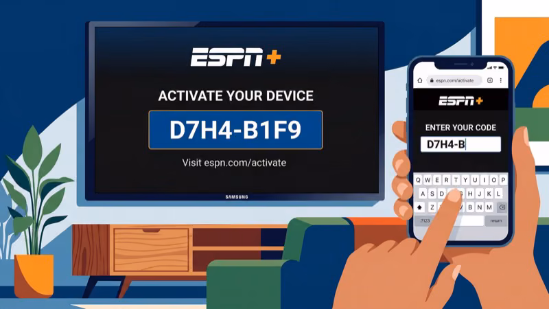 Samsung TV screen displaying ESPN app activation code for linking at espn.com activate