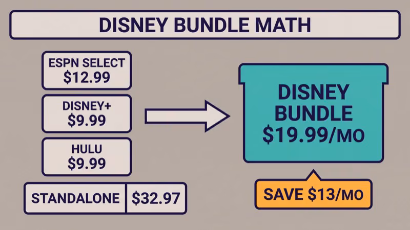 Disney Bundle cost breakdown showing three standalone products ESPN Select Disney Plus and Hulu totaling thirty-two dollars ninety-seven and the bundle price of nineteen dollars ninety-nine with a thirteen-dollar savings arrow