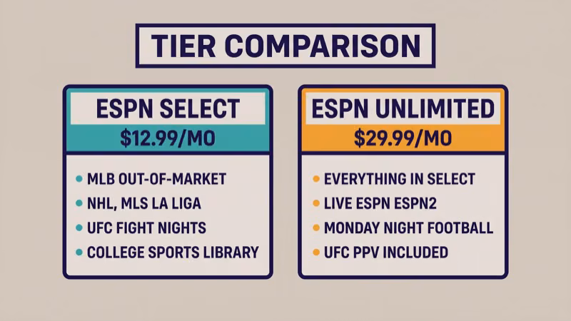 Side-by-side tier comparison showing ESPN Select at twelve dollars ninety-nine per month on the left with on-demand library content and ESPN Unlimited at twenty-nine dollars ninety-nine per month on the right with live linear ESPN and ABC simulcasts