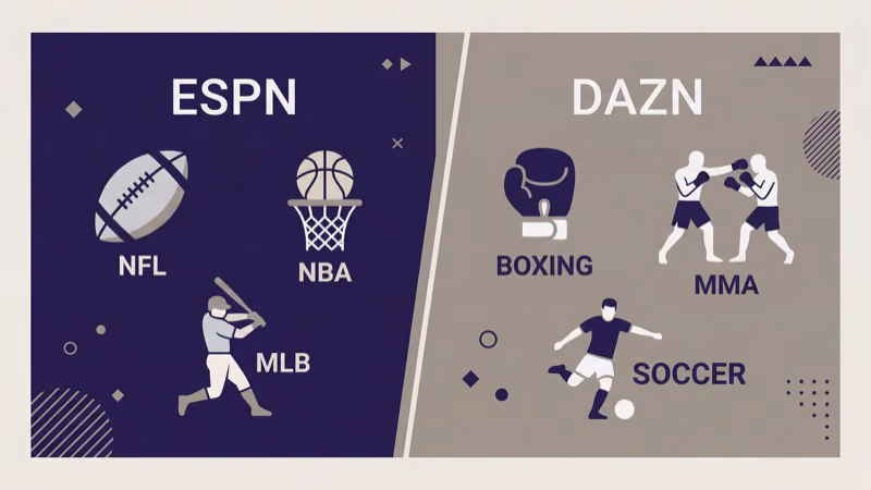 ESPN versus DAZN sport coverage breakdown showing MLB NHL boxing and soccer rights