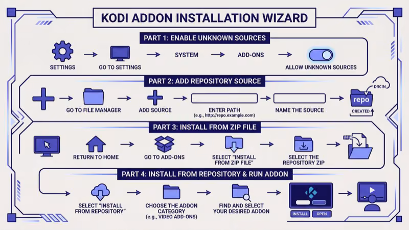 Kodi add-on installation screen showing Exodus Redux repository setup steps