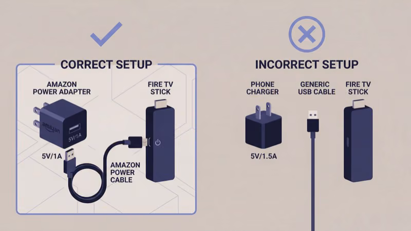 Correct Amazon power adapter versus wrong phone charger for Fire TV