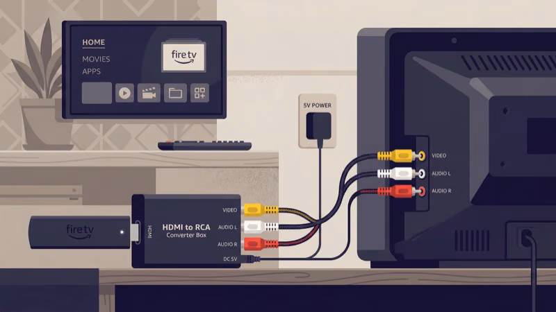 HDMI-to-composite converter box connecting Fire TV Stick to older TV with RCA ports