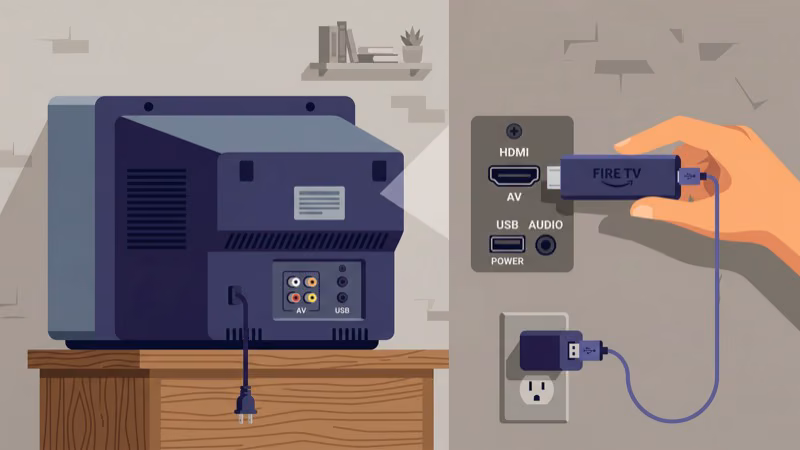Fire TV Stick plugged into HDMI port on the back of a non-smart TV
