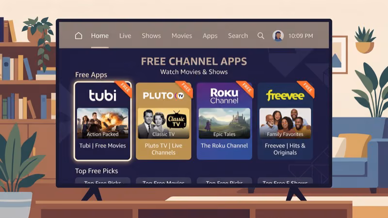 Free streaming app icons displayed on Fire TV Stick home screen