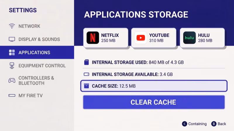 Fire TV Stick app cache settings screen showing clear cache option for Netflix