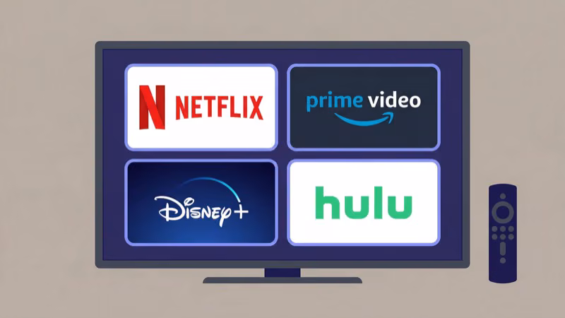 Popular streaming app icons on Fire TV interface with monthly prices