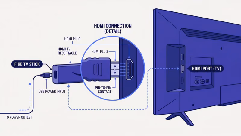Fire TV Stick plugged into TV HDMI port with extender cable attached