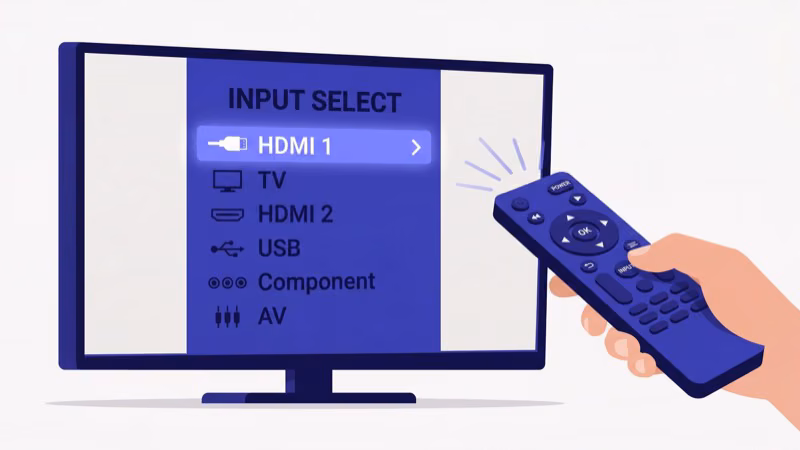 TV on-screen input source menu showing HDMI 1, HDMI 2, and HDMI 3 options
