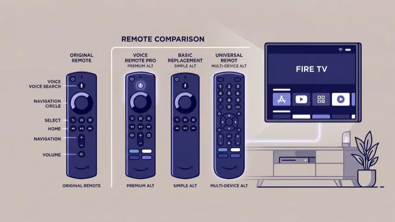 Five Fire TV Stick replacement remotes compared side by side on desk