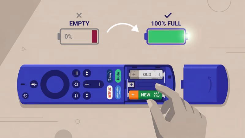 Firestick remote with back cover removed showing AAA battery replacement