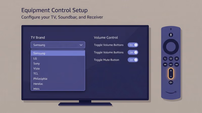 Fire TV Stick Equipment Control settings menu showing TV brand selection options