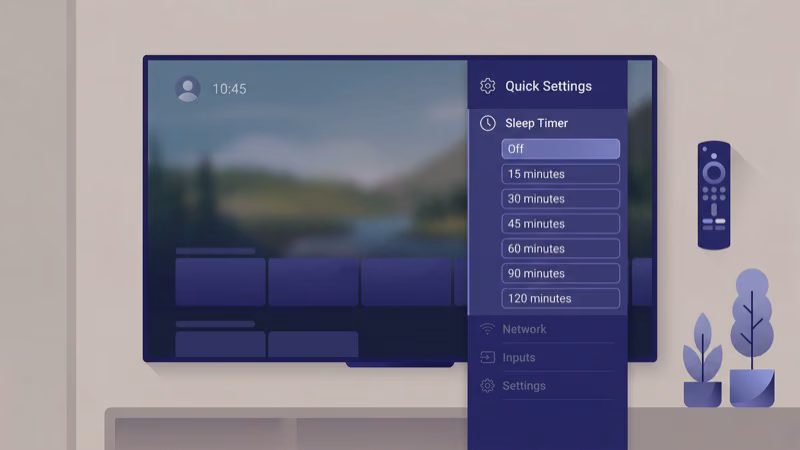 Fire TV Stick remote held up showing how to access the quick settings menu