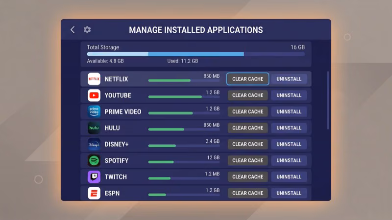 Fire TV app storage management with cache clear option