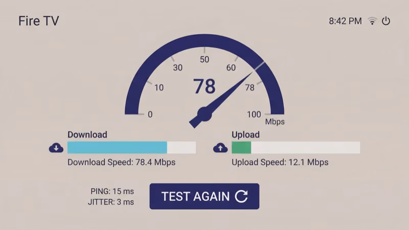 Network speed test running on Fire TV Stick interface