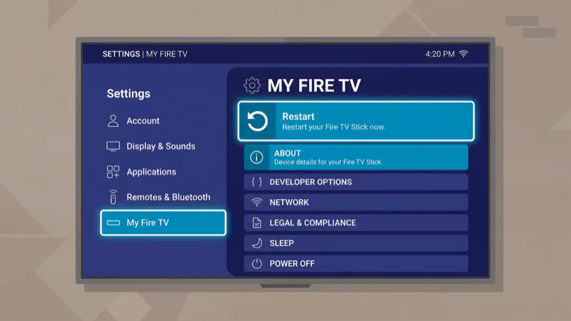 Fire TV Stick settings menu with restart and device options