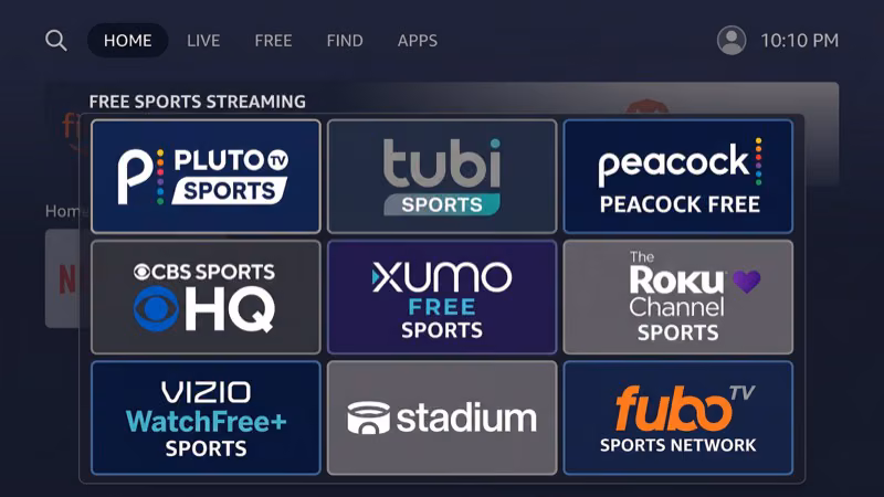 Fire TV Stick free sports app channel lineup showing Pluto TV and Tubi options