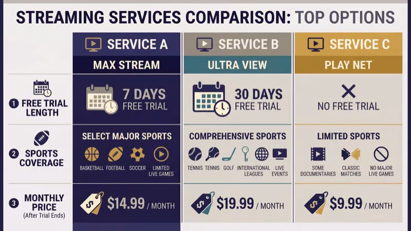 Comparison of YouTube TV fuboTV and Sling TV free trial sports coverage and pricing