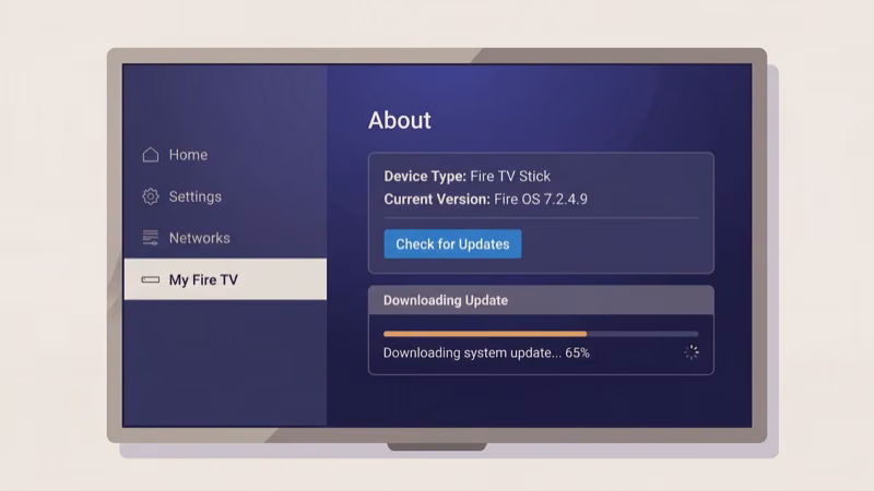 Fire TV Stick About screen displaying current Fire OS version and firmware update option