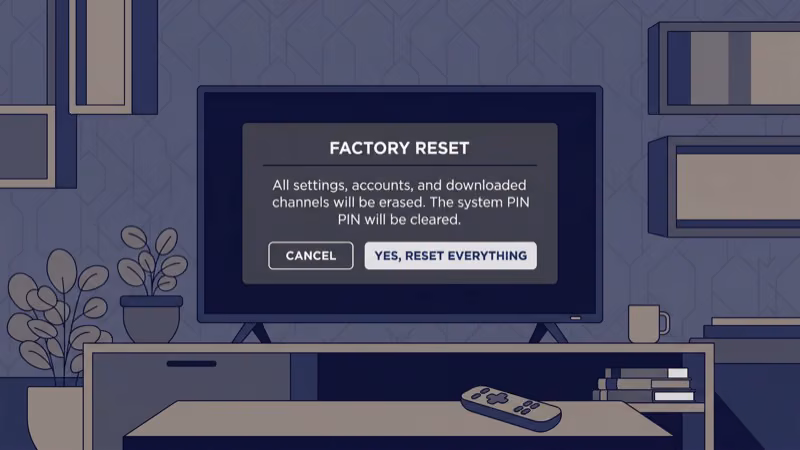 Roku device Advanced System Settings screen showing Factory Reset option for removing forgotten PIN