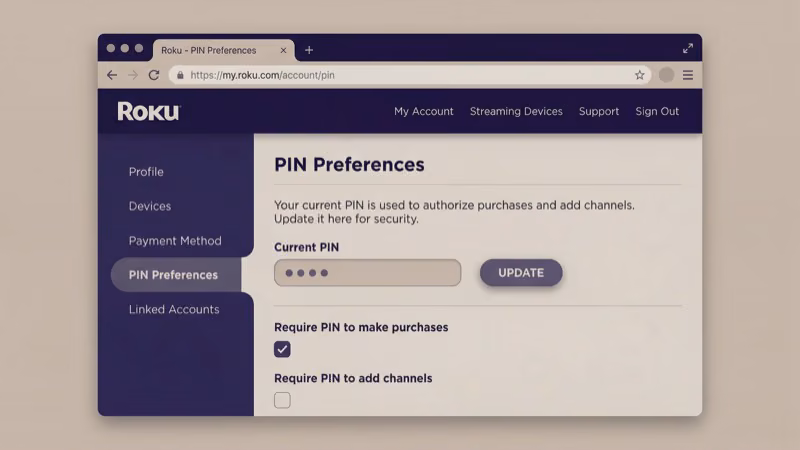 Roku account PIN Preferences page on my.roku.com showing Update button to set a new PIN
