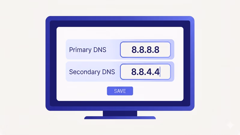 Smart TV DNS settings screen showing Google DNS addresses 8.8.8.8 and 8.8.4.4