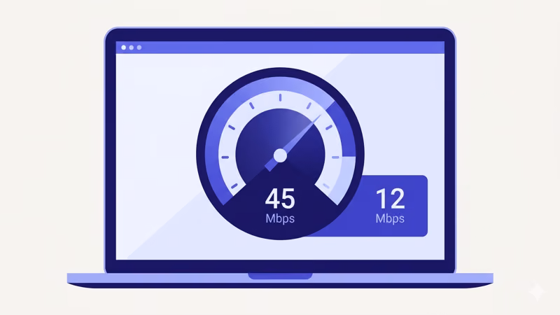 Internet speed test results showing 45 Mbps download and 12 Mbps upload speeds