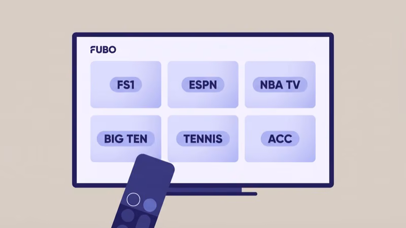 fuboTV channel guide showing sports and entertainment networks on Apple TV