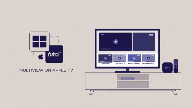 fuboTV Multiview displaying four live sports channels on Apple TV screen