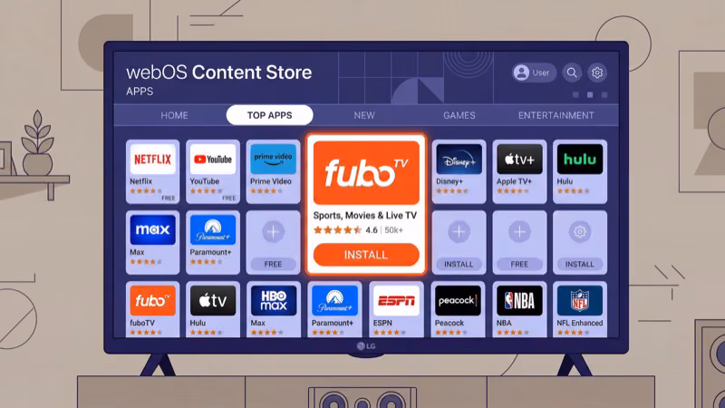 LG webOS Content Store displaying fuboTV app for download