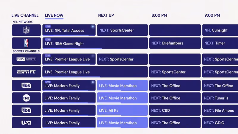fuboTV sports channel grid showing ESPN FS1 NFL Network and regional sports channels