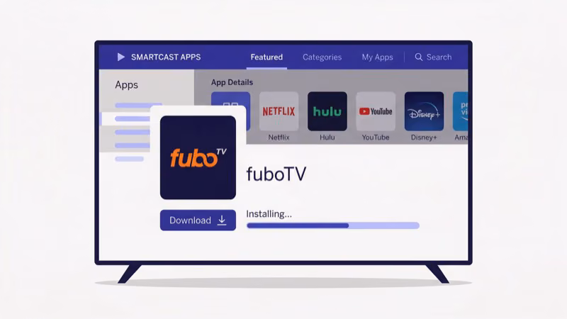 Vizio Smart TV VIZIO OS app store screen with fuboTV install button highlighted