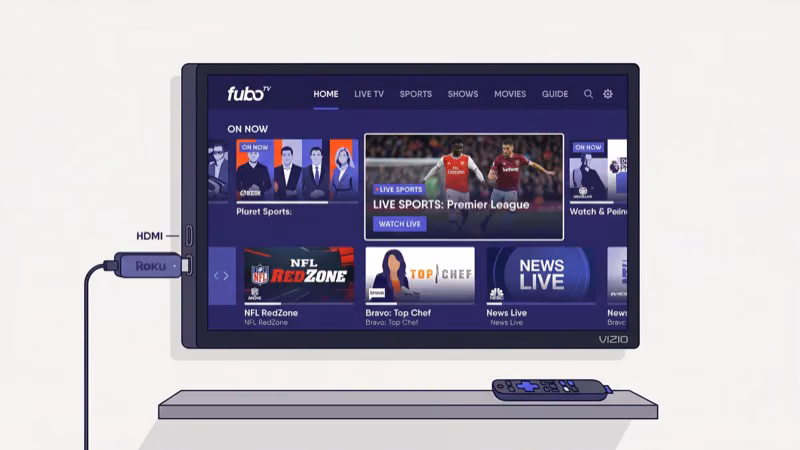 Roku Streaming Stick connected to Vizio TV HDMI port as fuboTV alternative method