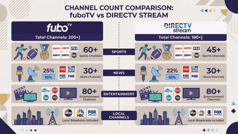 Side by side channel lineup comparison fuboTV versus DIRECTV STREAM