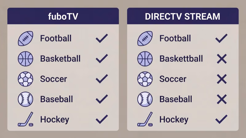Sports coverage availability comparison fuboTV and DIRECTV STREAM