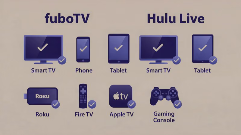 fuboTV and Hulu Live TV compatible devices including Roku Fire TV and Apple TV